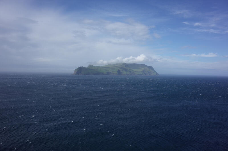 A view of Mykines Island from Gásadalur