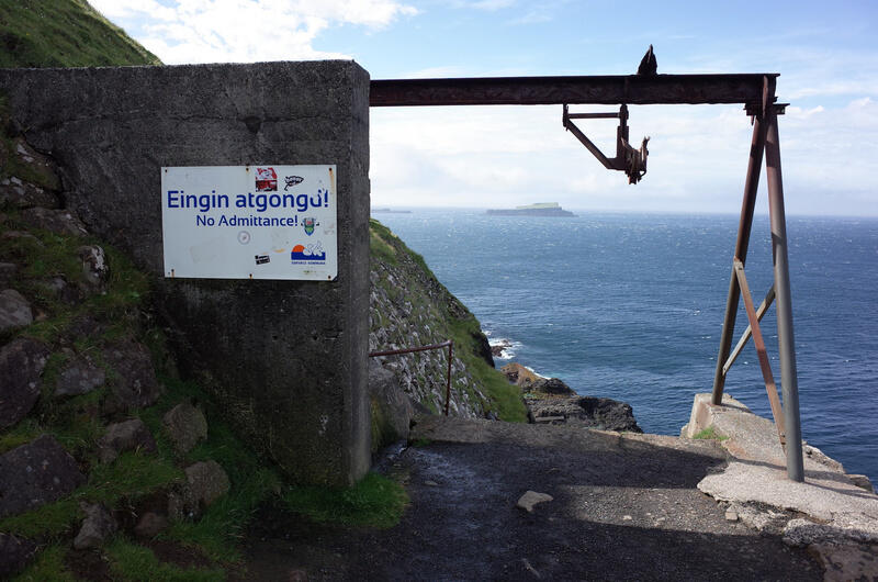 An abandoned ferry slip in Gásadalur with a no admittance sign