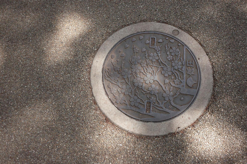 A manhole cover with cherry blossom illustration