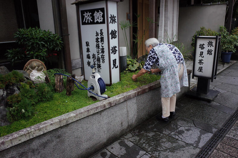 An old woman tending her garden