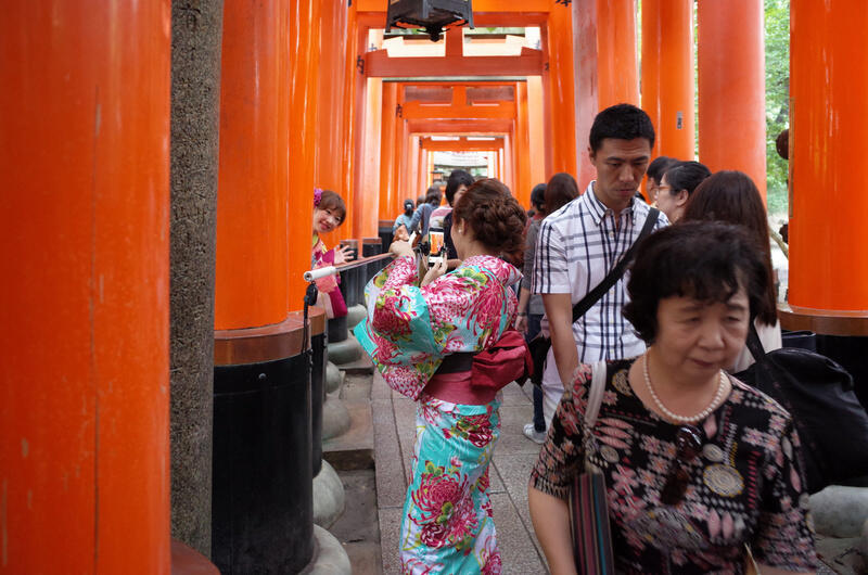 People stopping to take pictures in the torii gates
